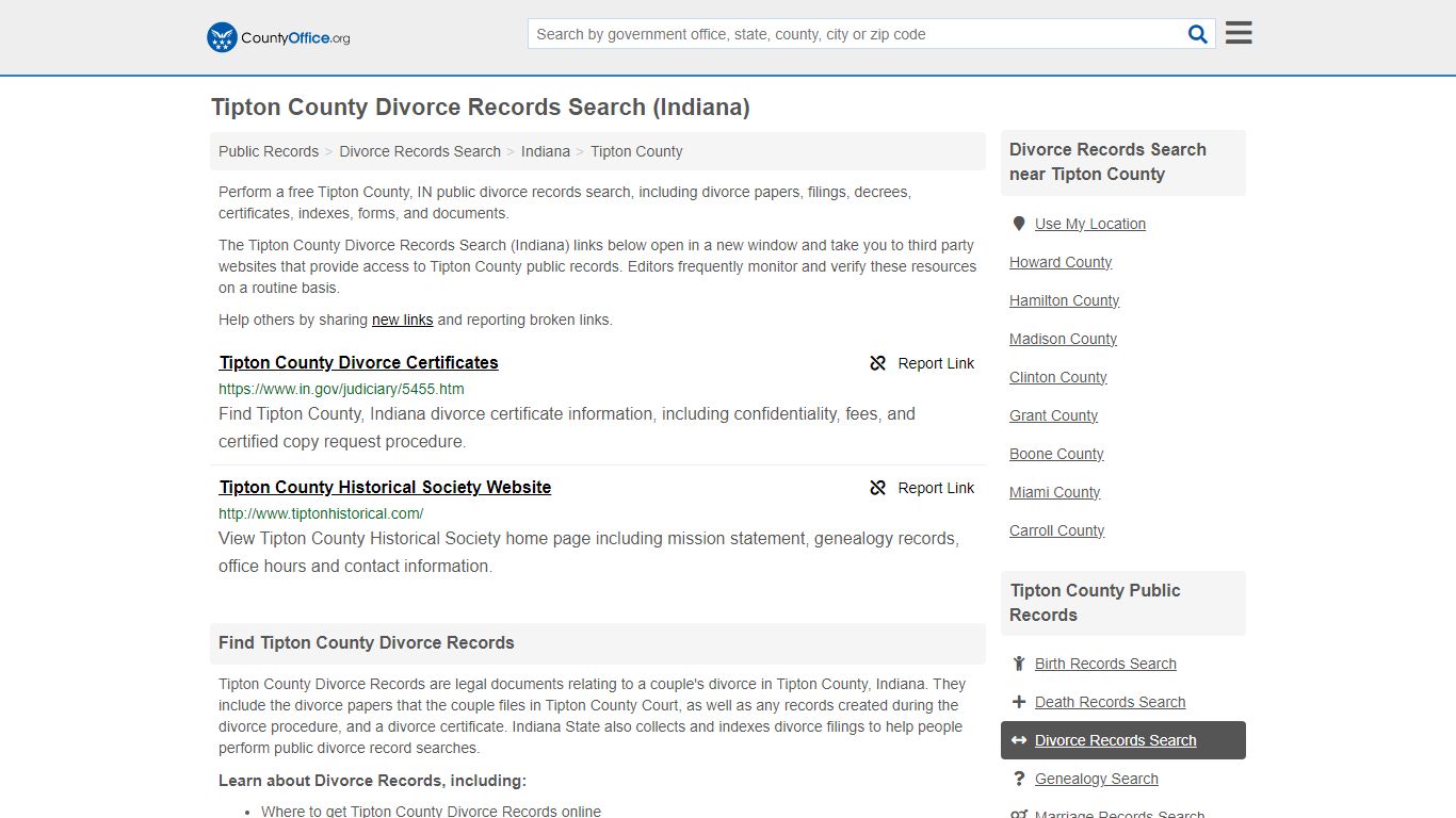Tipton County Divorce Records Search (Indiana) - County Office